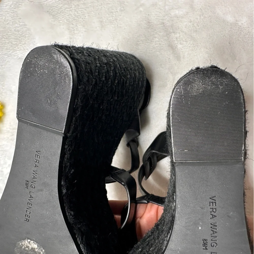 Vera Wang Lavender Leather Jute Criss Cross Espadrille Style Wedges in Black 8.5